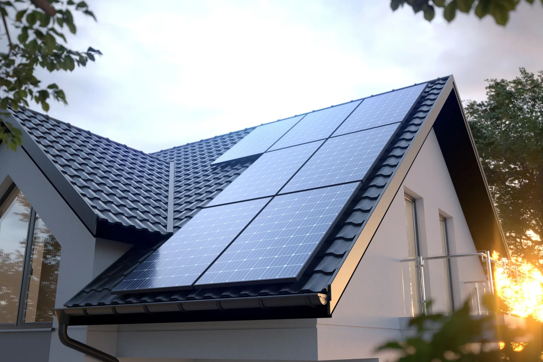 Solar panels fitted to the dark tiled roof of a modern home at sunset